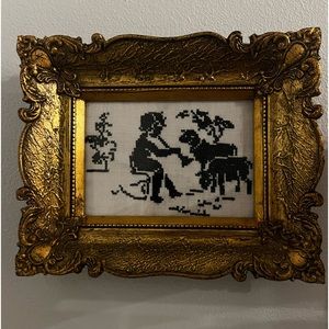 Original Child with Sheep Needlework in Frame Vintage Art Image measures 5.75".